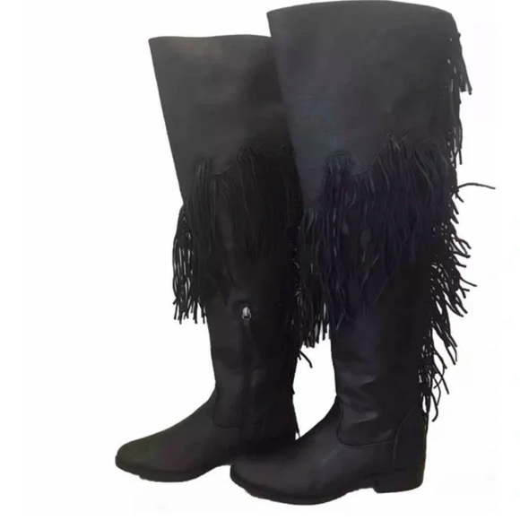 Schutz Kin Black Leather Thigh High Fringe Boots ~Anthropologie ~ Size 9 ~ NWOT - Picture 8 of 16
